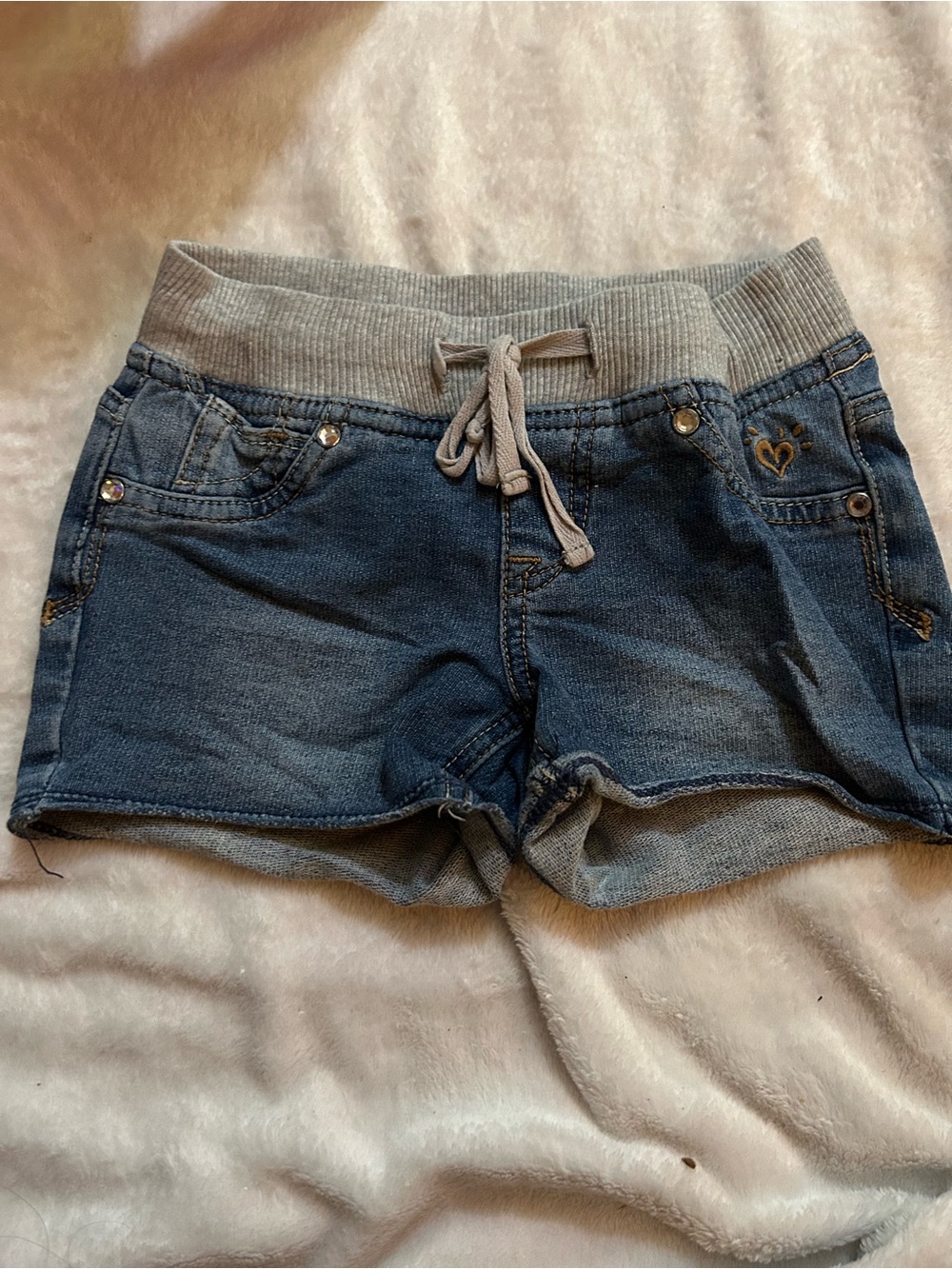 Justice Girls’ Denim-Look Knit-Waist Shorts in Blue and Gray
